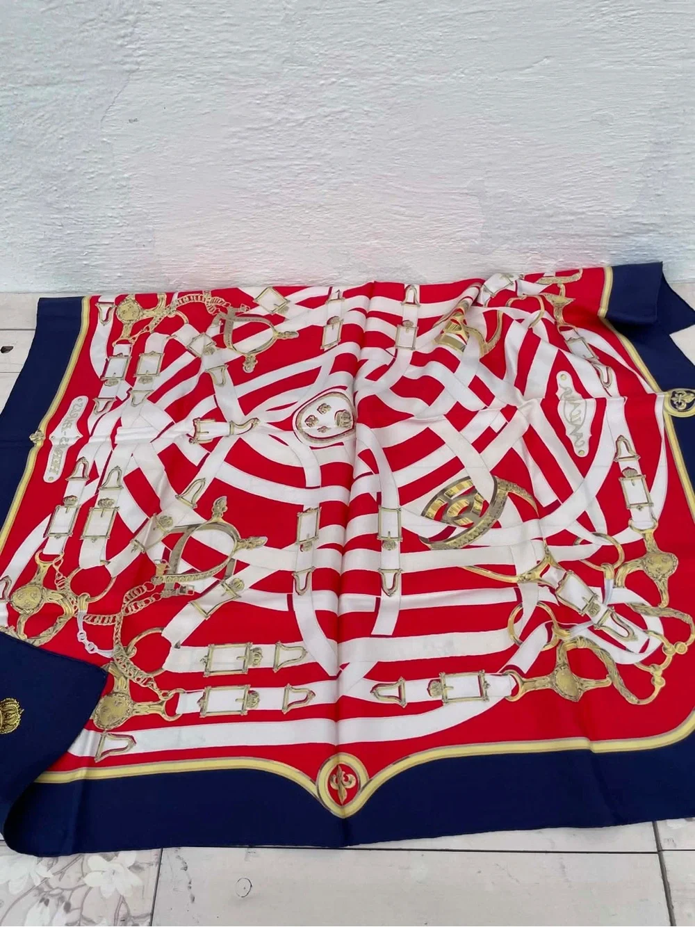 Hermes Red Navy Cream Silk Scarf with Equestrian Print - Picture 3 of 12